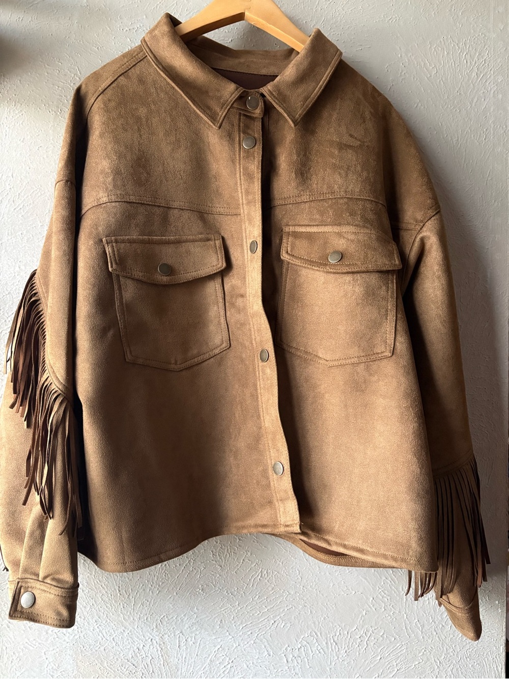 Women’s Tan Suede Fringe Snap-Front Jacket